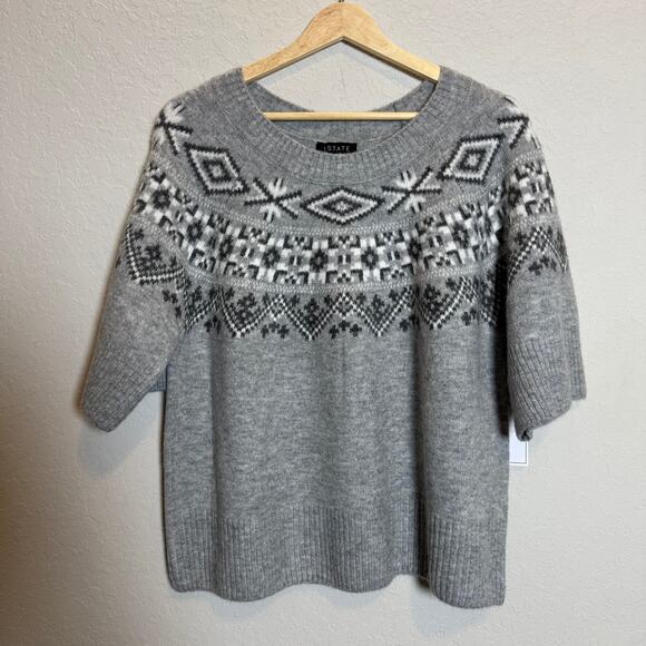 1 State Women's Nordic Fair Isle Style Short Sleeve Pullover Gray Sweater XL NEW - Picture 1 of 7